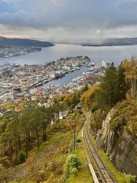 View of Bergen Harbor from Floibanen Funicular in Mount Floyen in Bergen, Norway Stock Photo ...