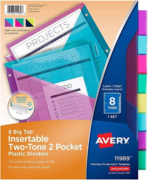 Avery Big Tab Insertable Plastic 2 Pocket Dividers for 3 Ring Binders, 8 Tab Set, Bright Two ...