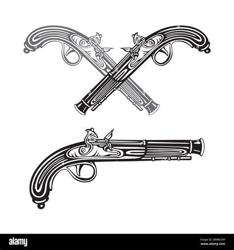 Old gun. Vintage flintlock pistol hand drawn vector illustrations ...