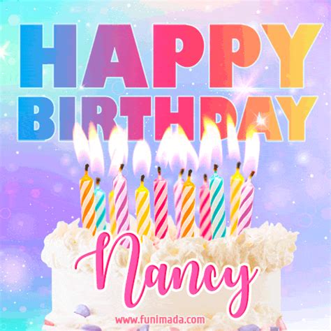 Animated Happy Birthday Cake with Name Nancy and Burning Candles ...