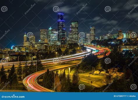 Downtown Seattle Skyline at Night Stock Image - Image of view, blue: 67580777