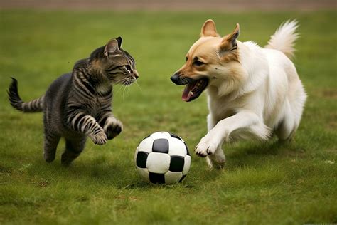 Cat and dog playing soccer ball on green summer grass. generative AI ...