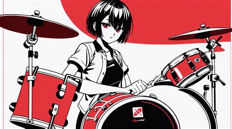 Dynamic Anime Girl Drummer Poster in Red Black and White Minimal Design | MUSE AI