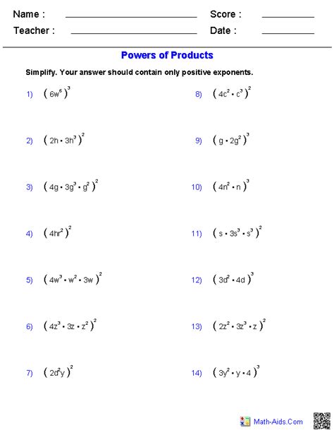 Product Rule Of Exponents Worksheet