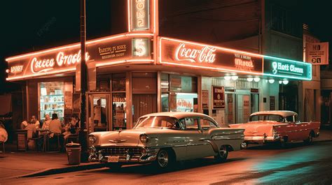 Vintage 1950s Car And A Neon Light Are Shown Background, Aesthetic Vintage Pictures, Aesthetic ...