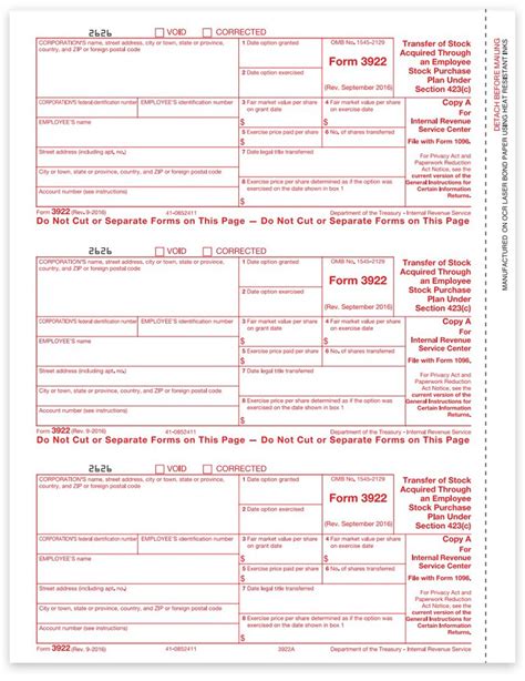 3922 Forms, Employee Stock Purchase, IRS Copy A - DiscountTaxForms