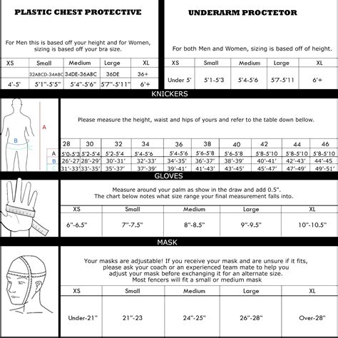 Size Chart for Fencing Gear | Morehouse Fencing Gear