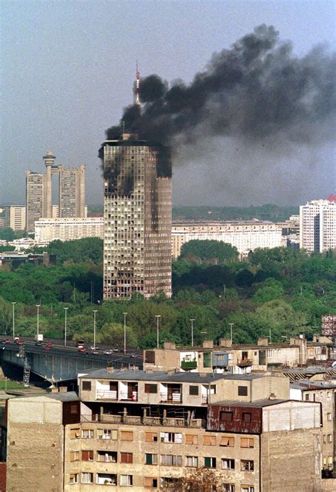 A building in Belgrade burning after a NATO Bombing during the Kosovo ...