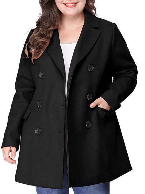 Unique Bargains Women's Plus Size Notched Lapel Double Breasted Winter ...