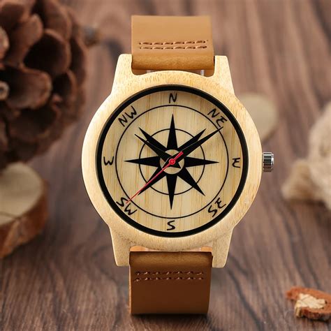 Creative Wooden Watches Compass Pattern Quartz Mens Wrist Watch Natural Wood Wristwatch Genuine ...