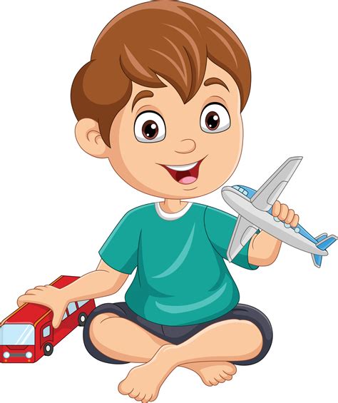 Cartoon little boy playing bus and airplane toys 7153145 Vector Art at Vecteezy