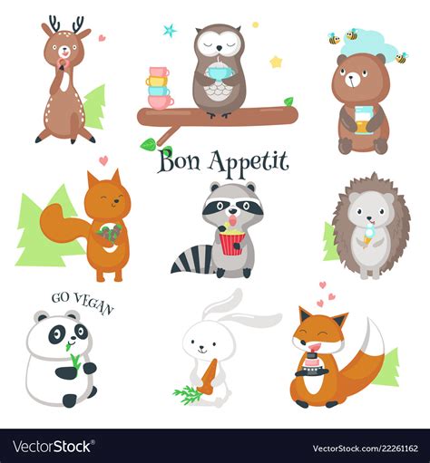 Cute wild animals eating food icon set Royalty Free Vector