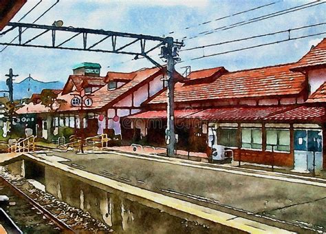 Watercolor of Train Station in Japan Stock Illustration - Illustration ...