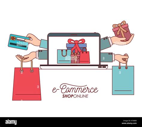 laptop with wallpaper of set gift and bag shopping process e-commerce shop online on white ...