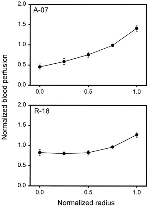 Blood perfusion vs distance from tumour centre in A-07 and R-18 ...