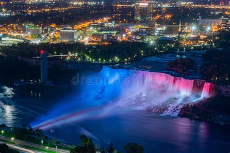 Night Aerial View of Light Up of the Beautiful Niagara Falls Stock ...