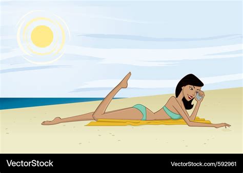 Tan sunbathing girl at beach cartoon Royalty Free Vector