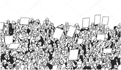 Black White Illustration Large Crowd Protest Blank Signs — Stock Vector ...