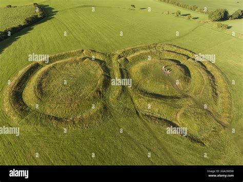 Aerial view of the Hill of Tara, an ancient burial and ceremonial site focusing on the oval ...