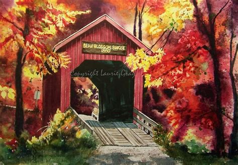 Autumn Covered Bridge Fine Art Print Watercolor Painting | Etsy