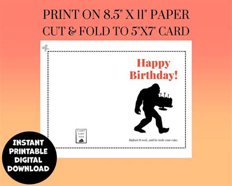 Printable Bigfoot Birthday Card Instant Digital Download Funny 5X7 Greeting Card - Etsy ...