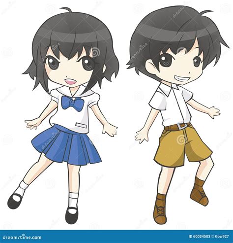 Cute Cartoon Asian Thai Student Couple Schoolgirl and Schoolboy Stock ...