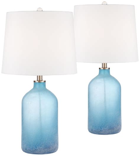 360 Lighting Coastal Table Lamps Set of 2 Frosted Sea Blue Glass White Drum Shade for Living ...