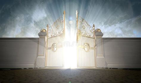 an open gate with the light coming through it in front of a blue sky and clouds