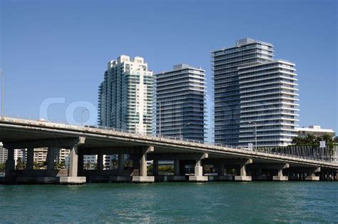 Downtown Miami with the Biscayne Bay Bridge in foreground, Florida USA ...