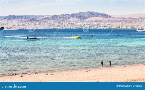 Sand Beach of Aqaba City and View of Eilat City Editorial Photography ...