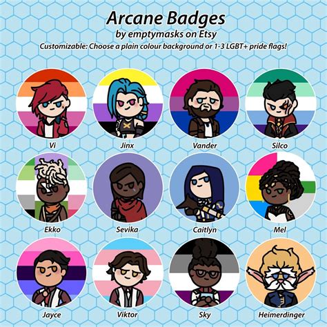 Arcane Chibi Badges Vi, Jinx, Vander, Silco, Ekko, Sevika, Caitlyn Kiramman, Mel Medarda, Jayce ...