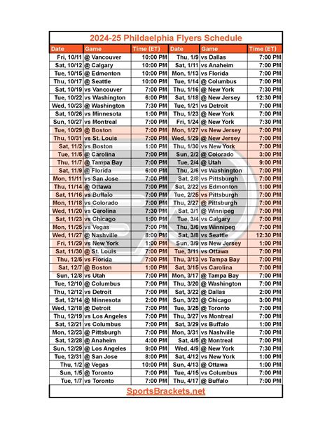 2024-25 Philadelphia Flyers Schedule; Printable, PDF Format - Sports ...