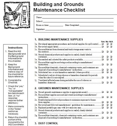 the maintenance checklist for building and grounds maintenance checklist is shown in this image