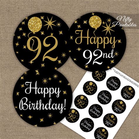 92nd Birthday Cupcake Toppers - Balloons Black Gold - Nifty Printables