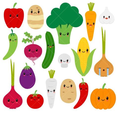 Kawaii Vegetables / Cute Vegetable Clipart / Happy Veggies PNG - Etsy | Clip art, Cute food ...