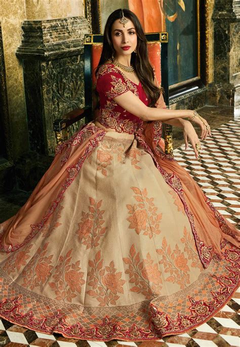 Buy Malaika Arora Khan Beige and maroon Indian wedding lehenga in UK ...