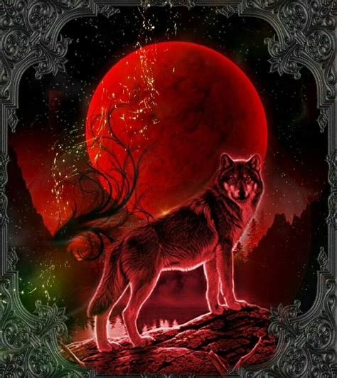 a wolf standing in front of a red moon