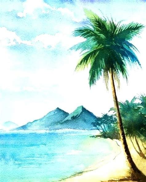 Palm tree tutorial palm tree with sea watercolor painting vector ...