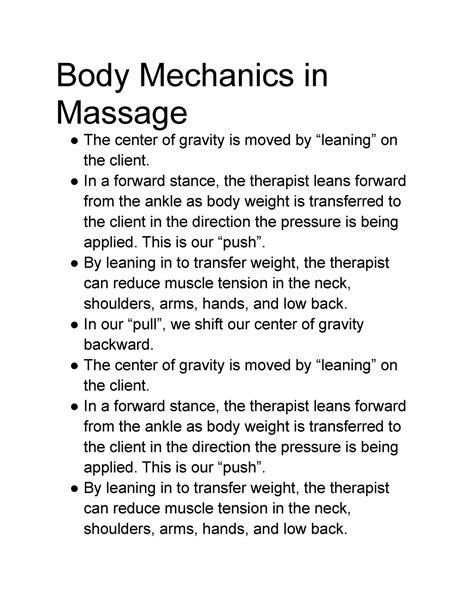 Body Mechanics in Massage - Body Mechanics in Massage The center of gravity is moved by - Studocu