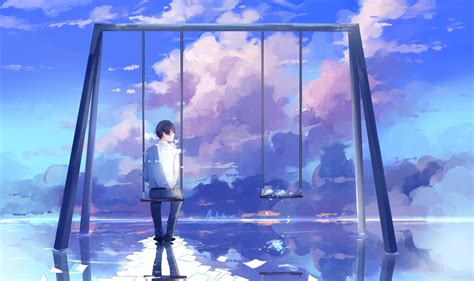 anime boy #scenic #swing #clouds back view #reflection #Anime #2K #wallpaper #hdwallpaper # ...