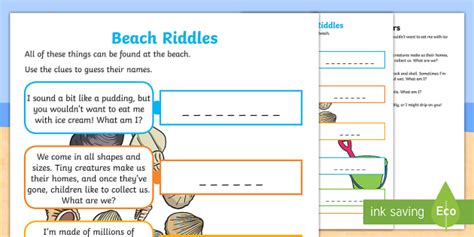 Beach Riddles Worksheet / Worksheet - seaside, holidays, activity, words