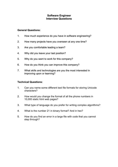 Software Engineer Interview Questions Template printable pdf download