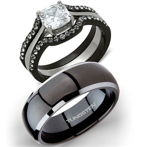 His Titanium & Hers 4 Pc Black Stainless Steel Wedding Engagement Ring Band Set | eBay | Black ...