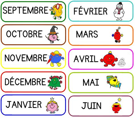 French Months Labels with Mr. Men and Little Miss Characters