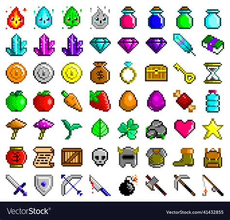 Pixel art icons set game assets 56 items Vector Image