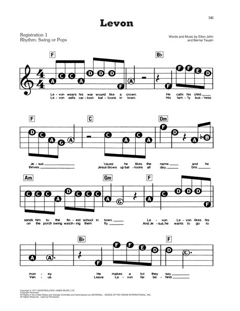 Levon by Elton John Sheet Music for E-Z Play Today at Sheet Music Direct