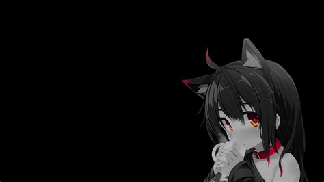 4K, dark background, cat girl, drinking, cat ears, collar, black background, selective coloring ...