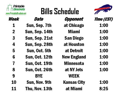 Buffalo Bills Printable Schedule