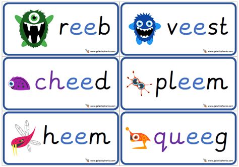 A set of 6 phonics cards showing 'ee' alien (nonsense) words. | Phonics cards, Nonsense words ...