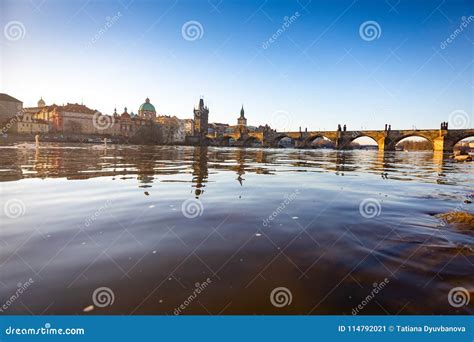 Charles Bridge and River at Sunrise Light in Early Morning Stock Image ...